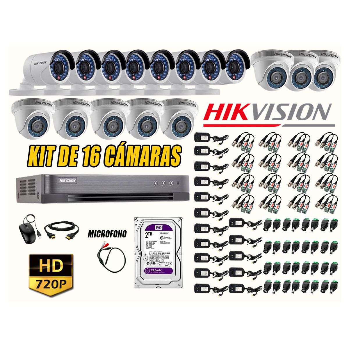 HIKVISION - Kit 16 Cámaras de Seguridad HD 720P Disco 2TB Vigilancia + Kit de Micrófono
