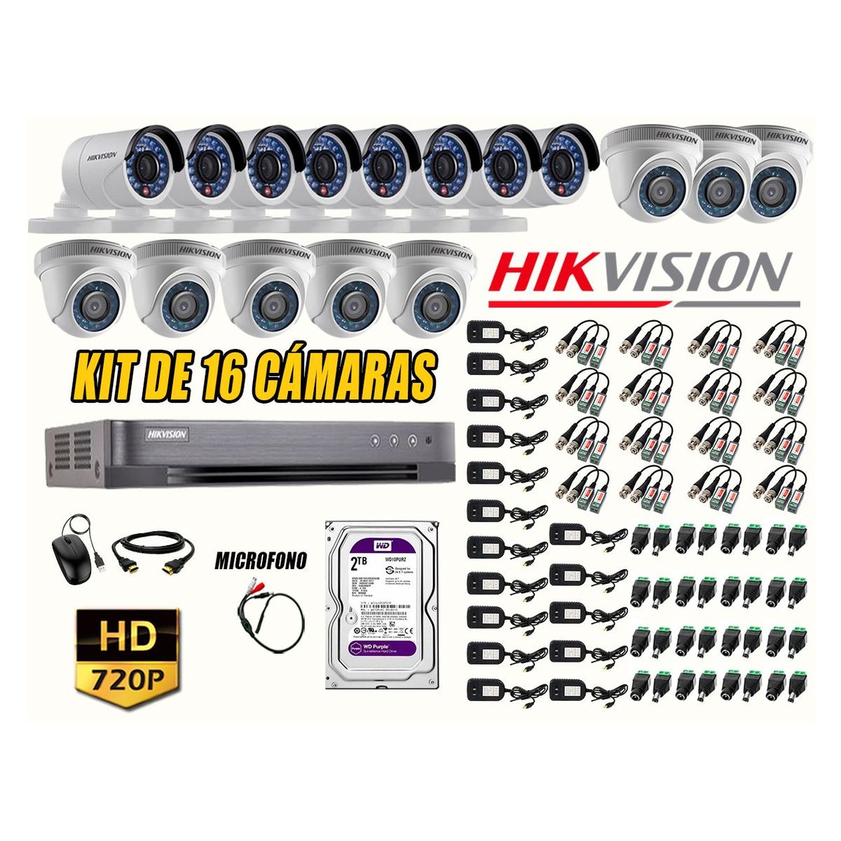 HIKVISION - Kit 16 Cámaras de Seguridad HD 720P Disco 2TB Vigilancia + Kit de Micrófono