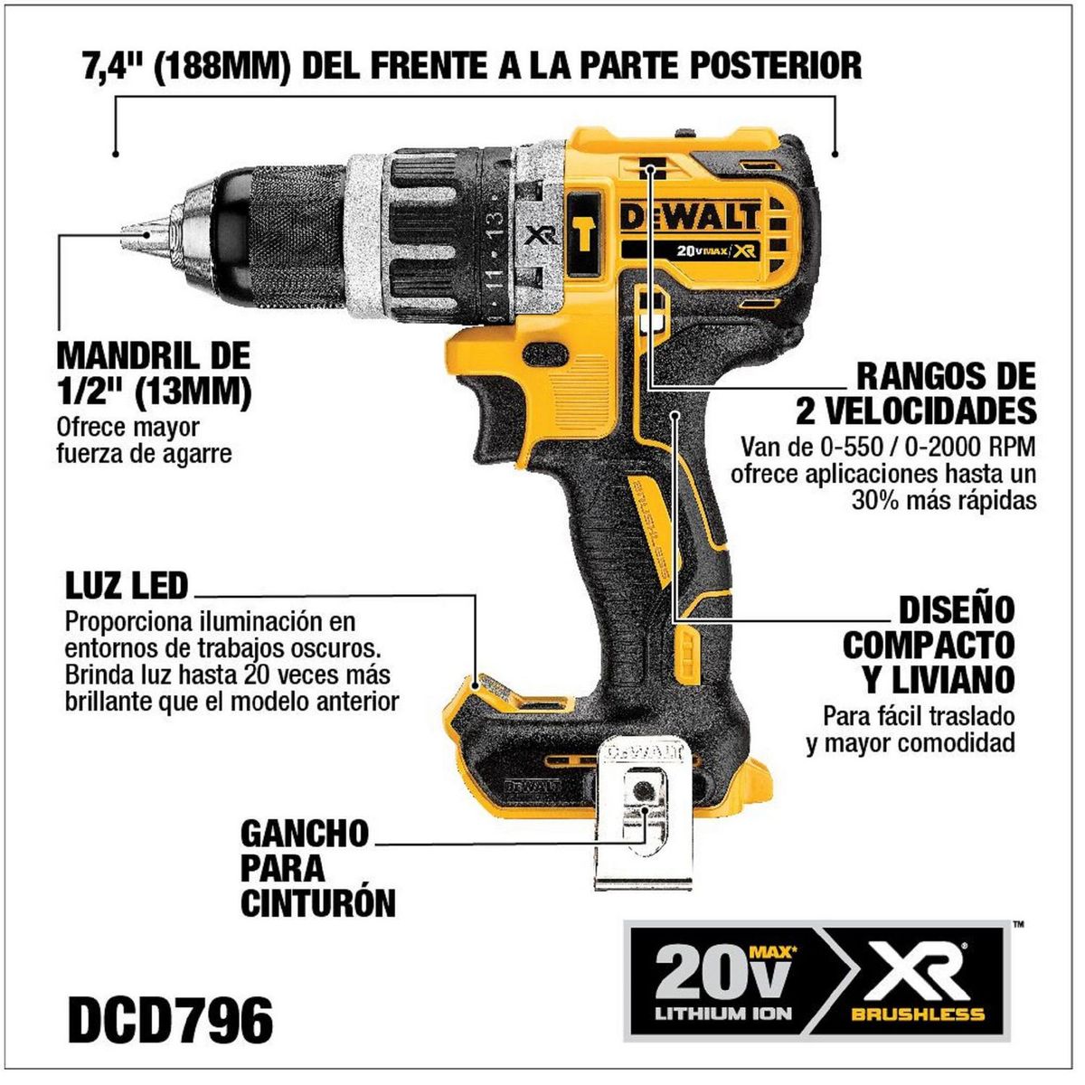 DEWALT - Taladro Percutor Inalámbrico Dewalt 1/2" 20V BRUSHLESS DCD796B (Sin batería)