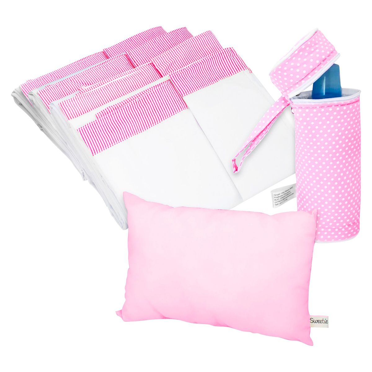 SWEETIE - Pack Juego de Sábanas para Cuna + Almohada + Portabiberón Huellitas Rosado