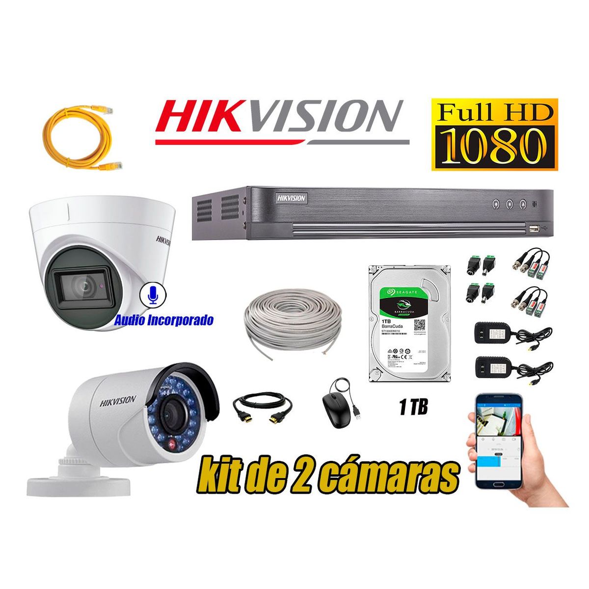 HIKVISION - Kit 2 Cámaras de Seguridad Full HD 1080P 1TB | 01 Cámara con Audio Completo