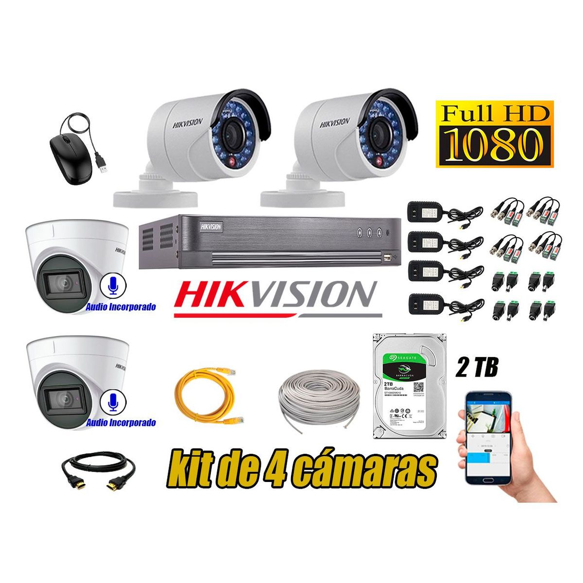 HIKVISION - Kit 4 Cámaras de Seguridad Full HD 1080P 2TB | 02 Cámaras con Audio Completo