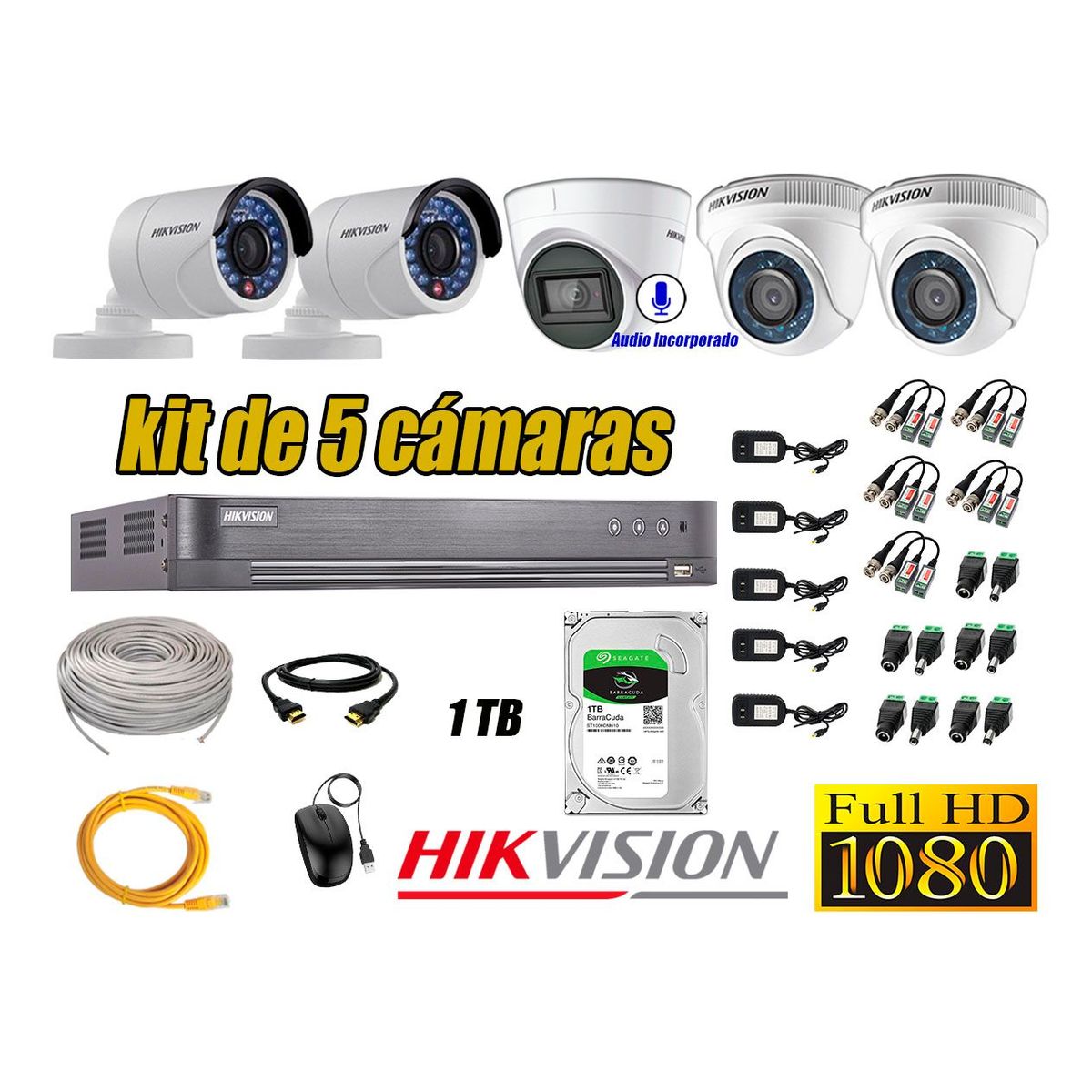 HIKVISION - Kit 5 Cámaras de Seguridad Full HD 1080P 1TB | 01 Cámara con Audio Completo