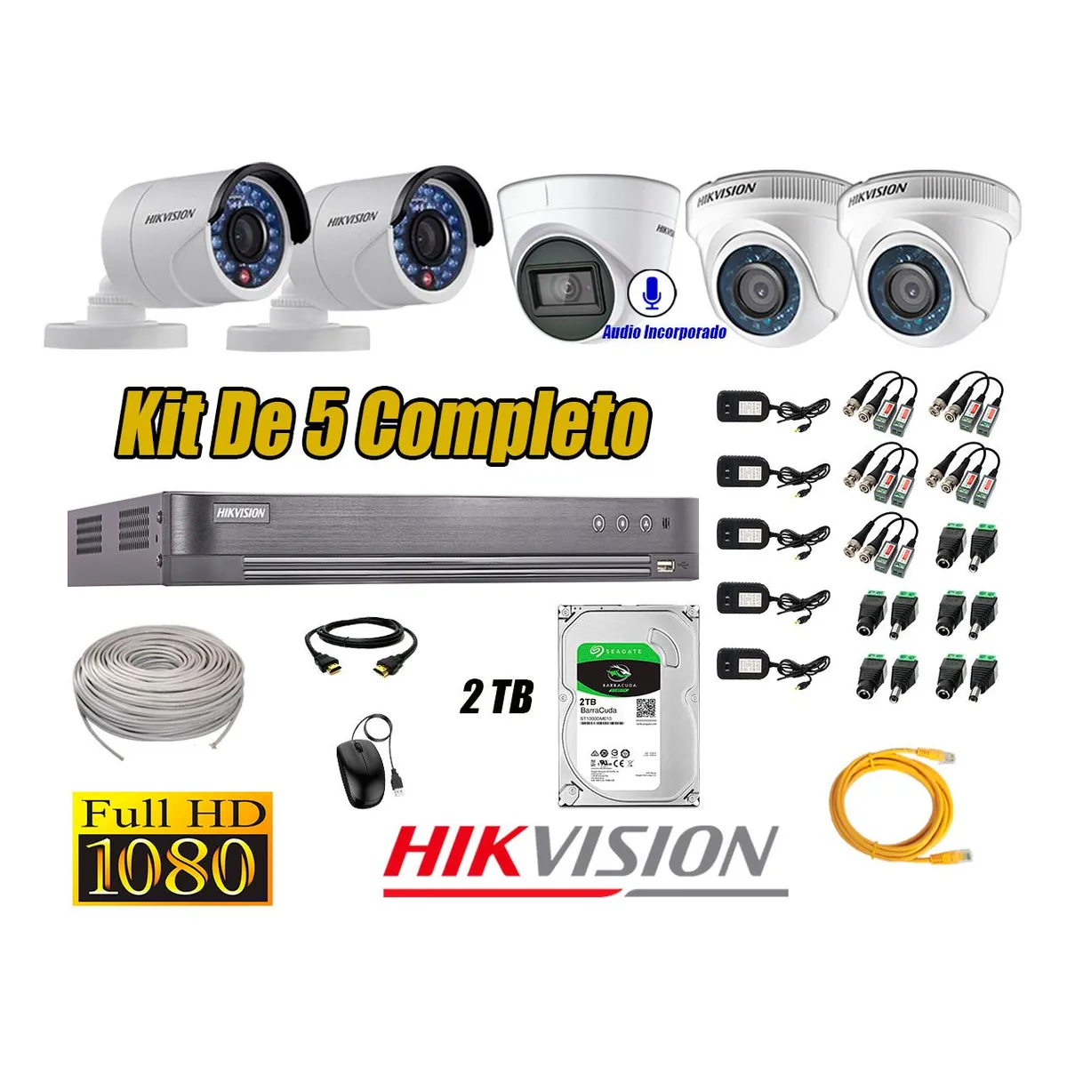 HIKVISION - Kit 5 Cámaras de Seguridad Full HD 1080P 2TB | 01 Cámara con Audio Completo
