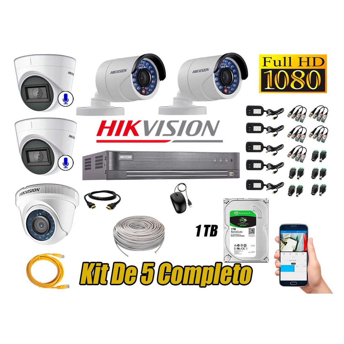 HIKVISION - Kit 5 Cámaras de Seguridad Full HD 1080P 1TB | 02 Cámaras con Audio Completo
