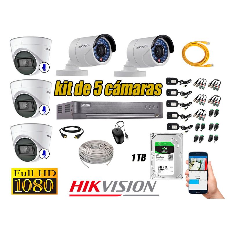 HIKVISION - Kit 5 Cámaras de Seguridad Full HD 1080P 1TB | 03 Cámaras con Audio Completo