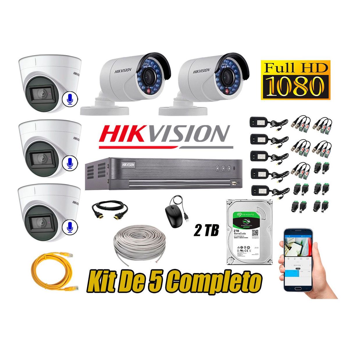 HIKVISION - Kit 5 Cámaras de Seguridad Full HD 1080P 2TB | 03 Cámaras con Audio Completo