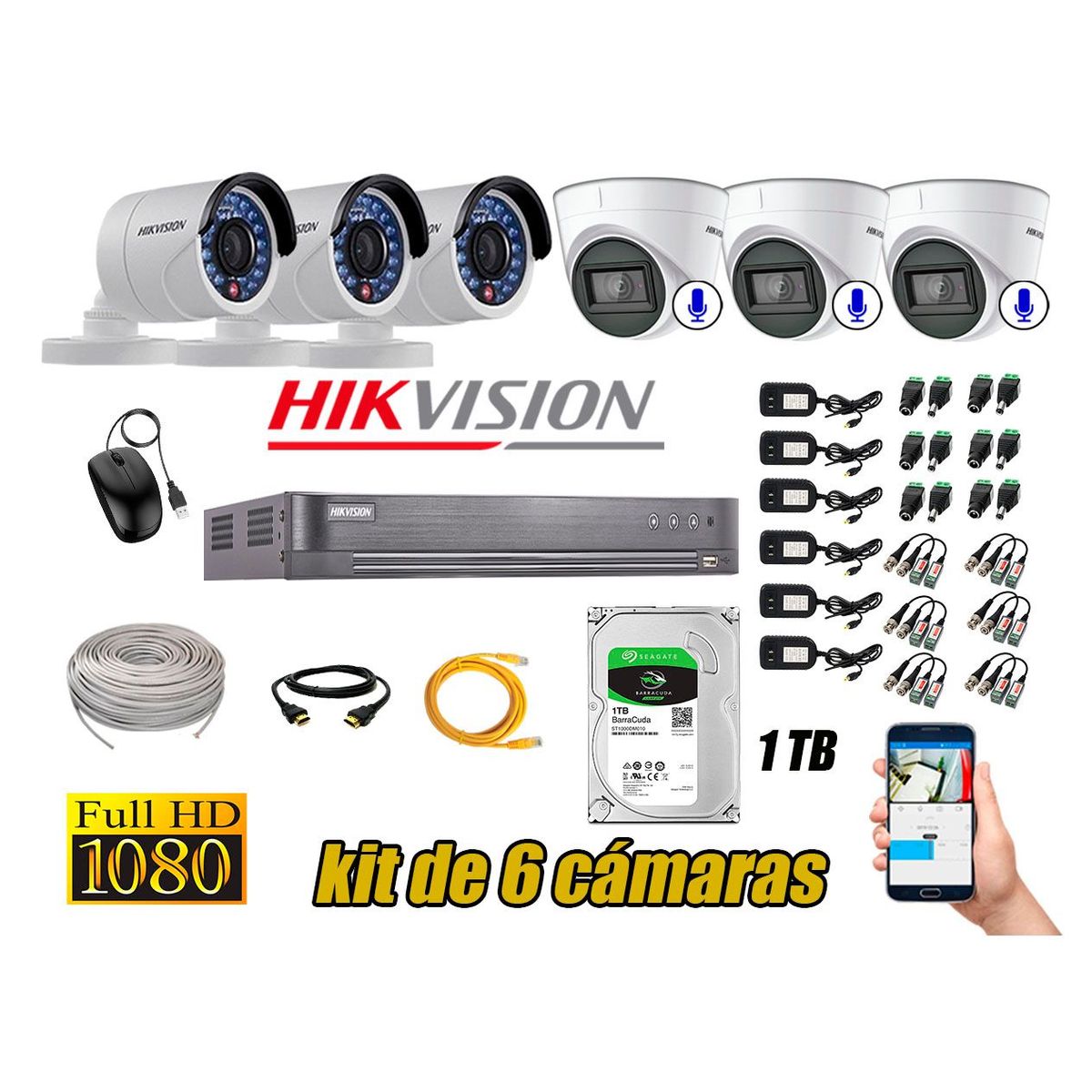 HIKVISION - Kit 6 Cámaras de Seguridad Full HD 1080P 1TB | 03 Cámaras con Audio Completo