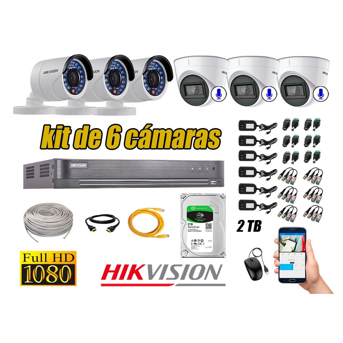 HIKVISION - Kit 6 Cámaras de Seguridad Full HD 1080P 2TB | 03 Cámaras con Audio Completo