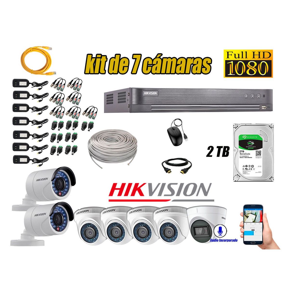 HIKVISION - Kit 7 Cámaras de Seguridad Full HD 1080P 2TB | 01 Cámara con Audio Completo