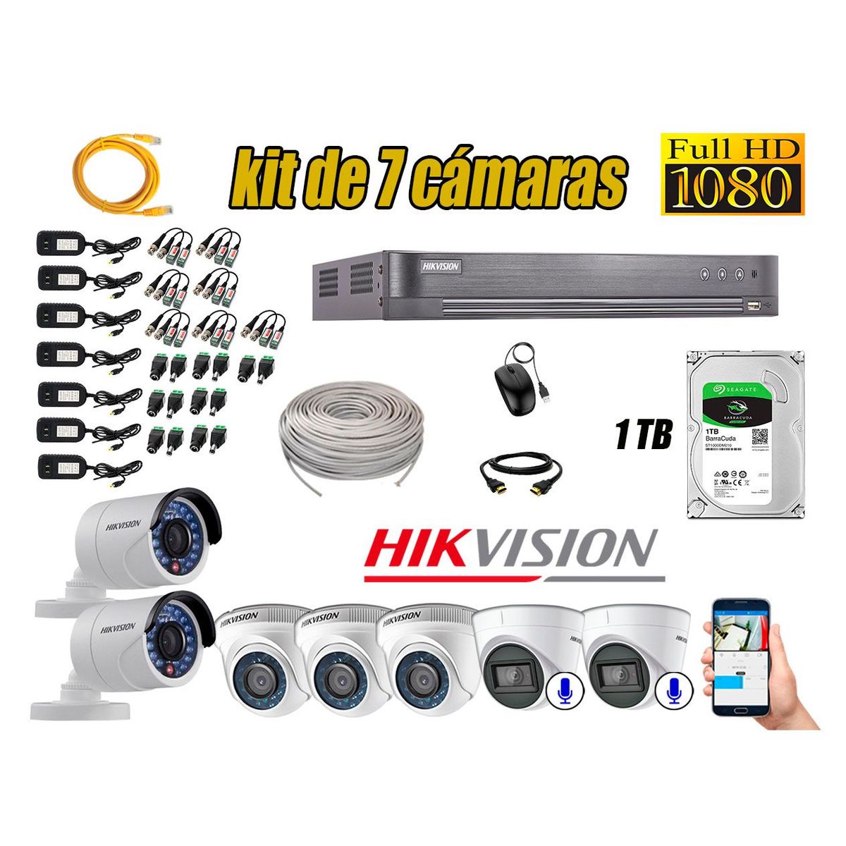 HIKVISION - Kit 7 Cámaras de Seguridad Full HD 1080P 1TB | 02 Cámaras con Audio Completo