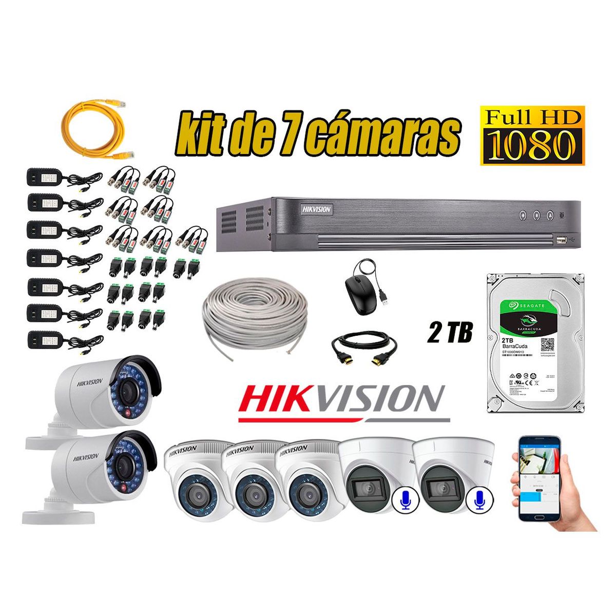 HIKVISION - Kit 7 Cámaras de Seguridad Full HD 1080P 2TB | 02 Cámaras con Audio Completo