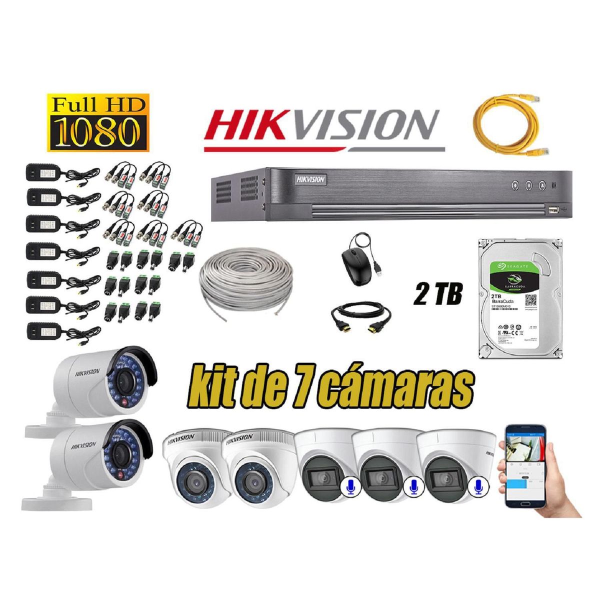 HIKVISION - Kit 7 Cámaras de Seguridad Full HD 1080P 2TB | 03 Cámaras con Audio Completo