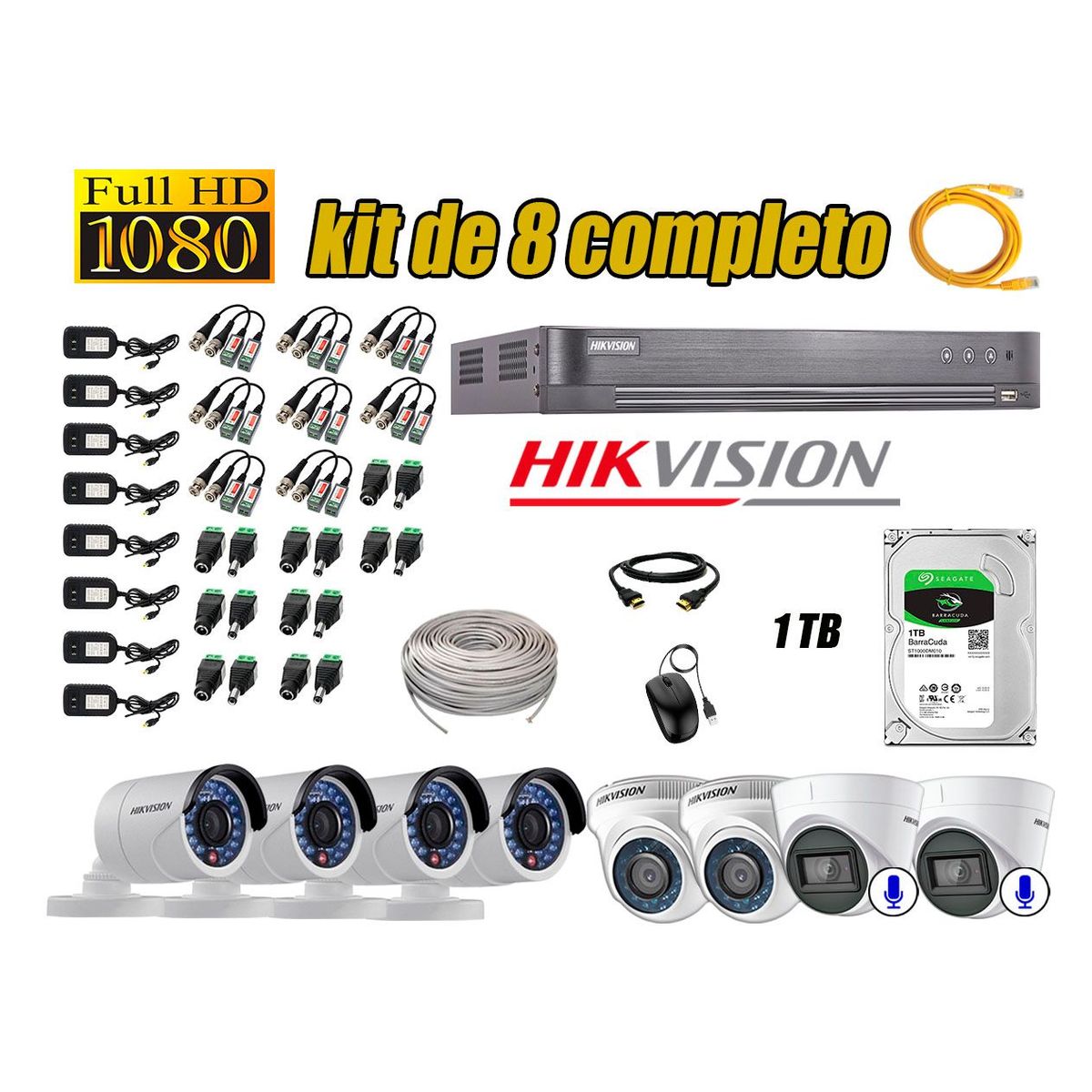 HIKVISION - Kit 8 Cámaras de Seguridad Full HD 1080P 1TB | 02 Cámaras con Audio Completo
