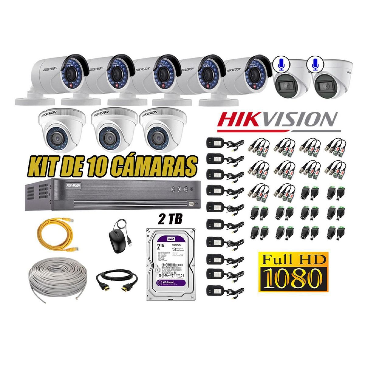 HIKVISION - Kit 10 Cámaras de Seguridad Full HD 1080P 2TB | 02 Cámaras con Audio Completo