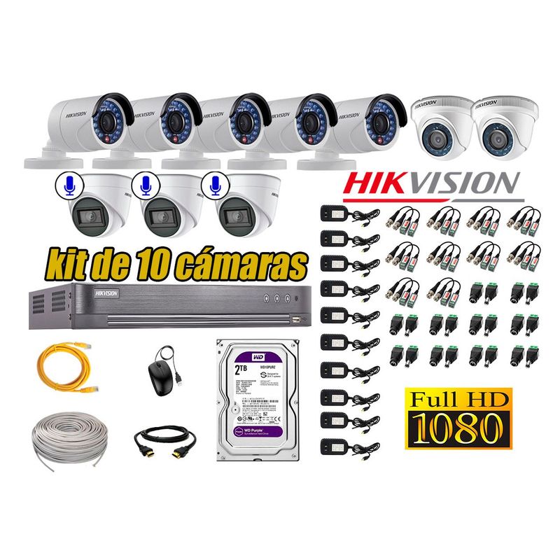 HIKVISION - Kit 10 Cámaras de Seguridad Full HD 1080P 2TB | 03 Cámaras con Audio Completo