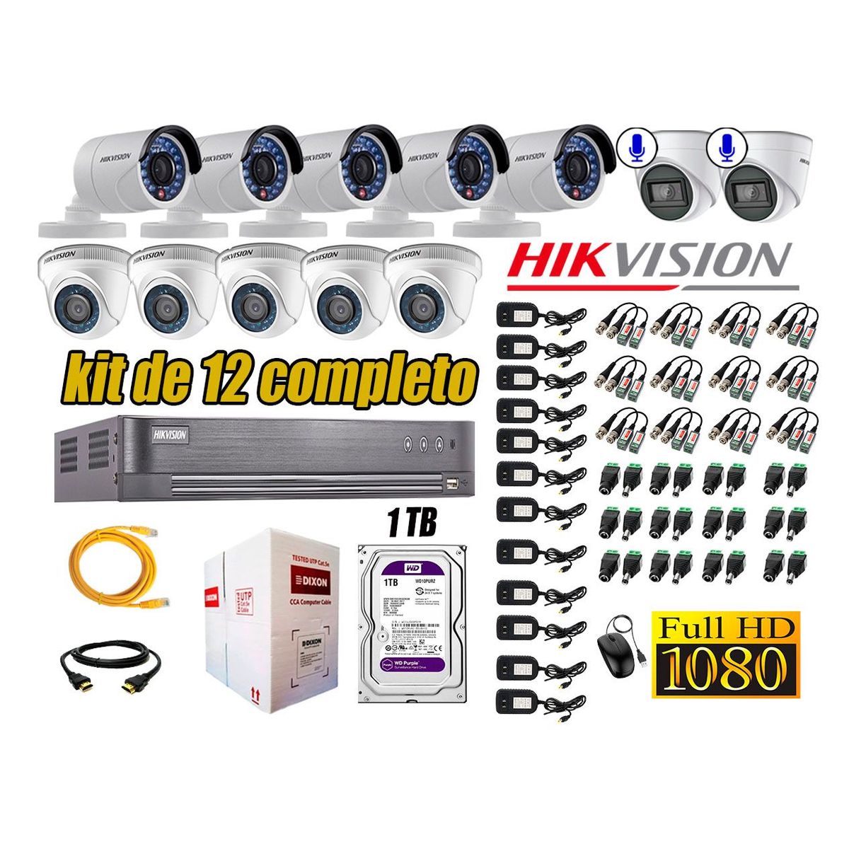 HIKVISION - Kit 12 Cámaras de Seguridad Full HD 1080P 1TB | 02 Cámaras con Audio Completo