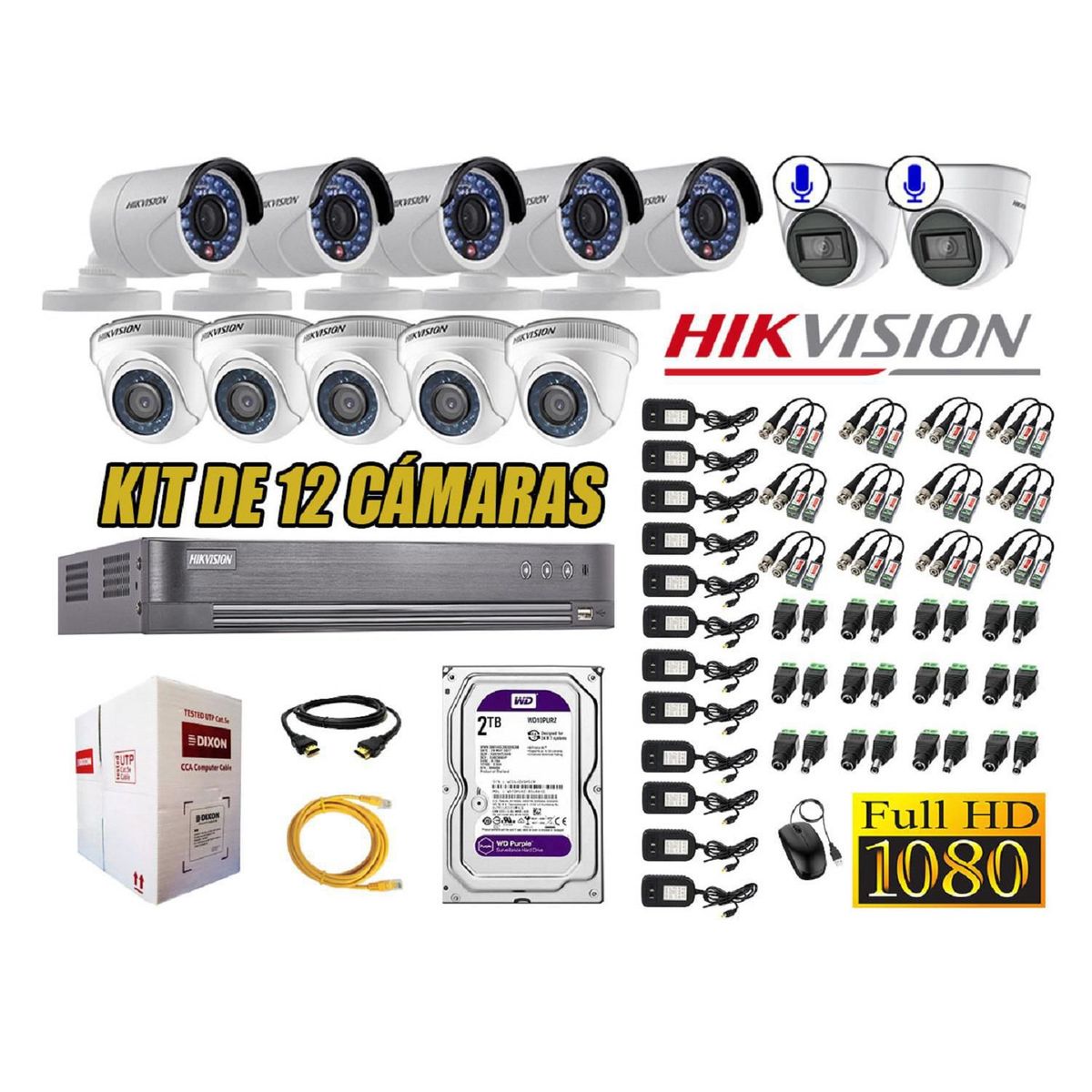 HIKVISION - Kit 12 Cámaras de Seguridad Full HD 1080P 2TB | 02 Cámaras con Audio Completo