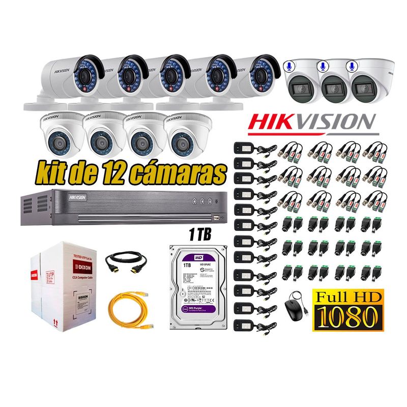 HIKVISION - Kit 12 Cámaras de Seguridad Full HD 1080P 1TB | 03 Cámaras con Audio Completo