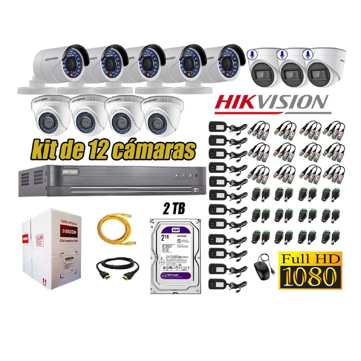HIKVISION - Kit 12 Cámaras de Seguridad Full HD 1080P 2TB | 03 Cámaras con Audio Completo