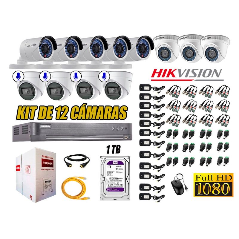 HIKVISION - Kit 12 Cámaras de Seguridad Full HD 1080P 1TB | 04 Cámaras con Audio Completo