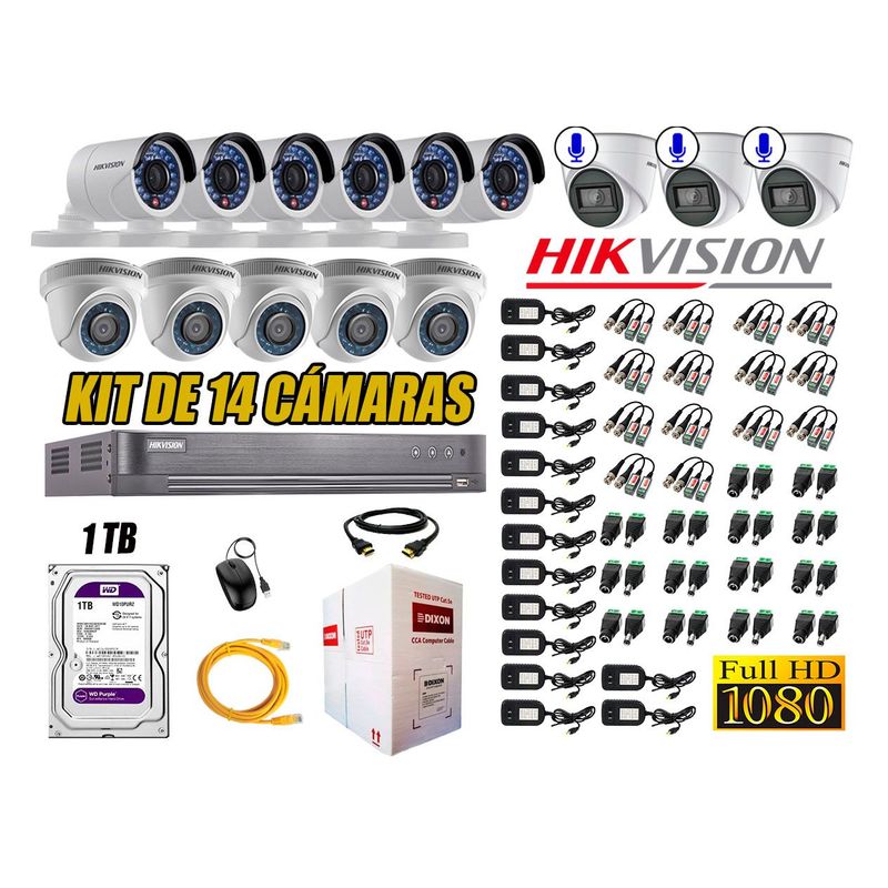 HIKVISION - Kit 14 Cámaras de Seguridad Full HD 1080P 1TB | 03 Cámaras con Audio Completo