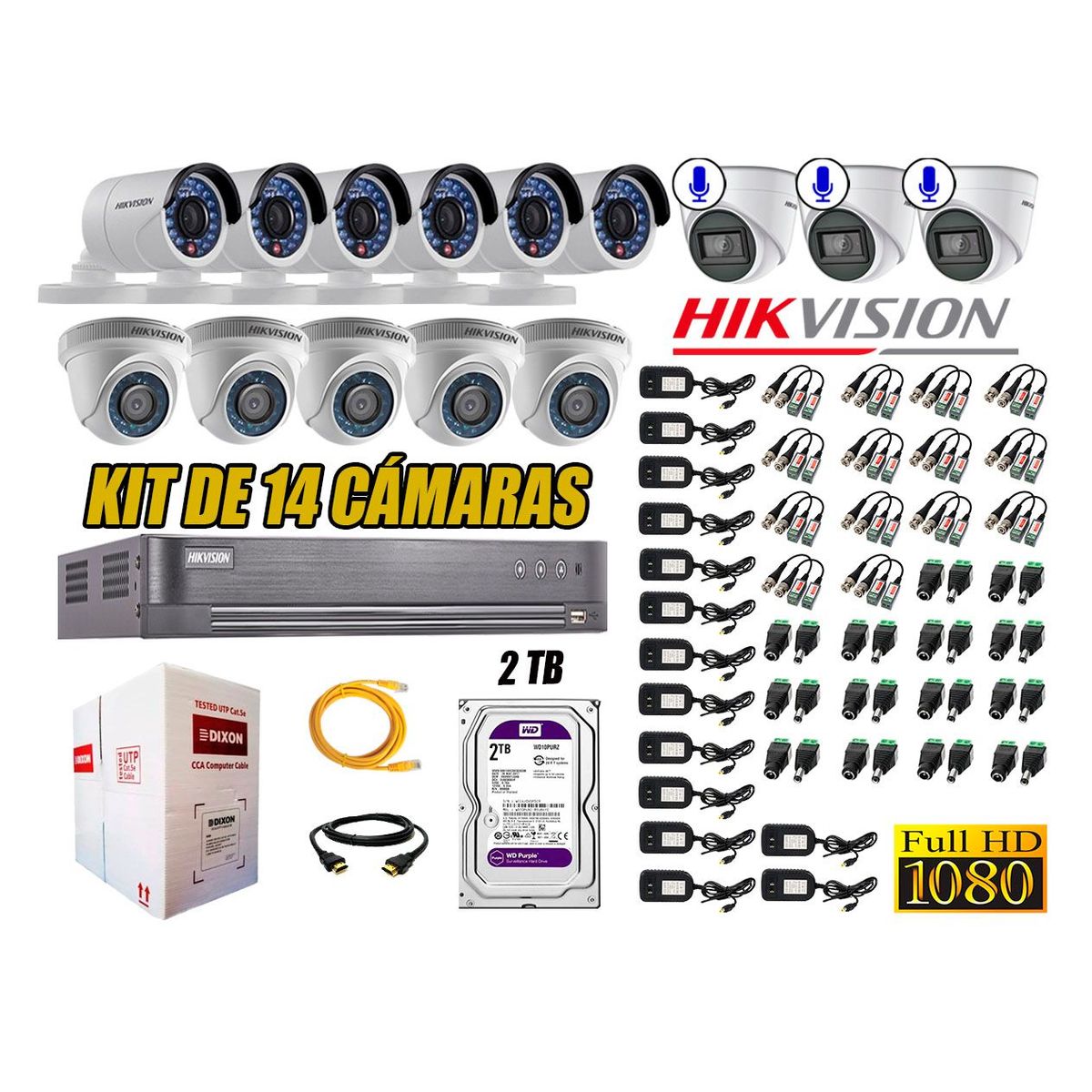 HIKVISION - Kit 14 Cámaras de Seguridad Full HD 1080P 2TB | 03 Cámaras con Audio Completo