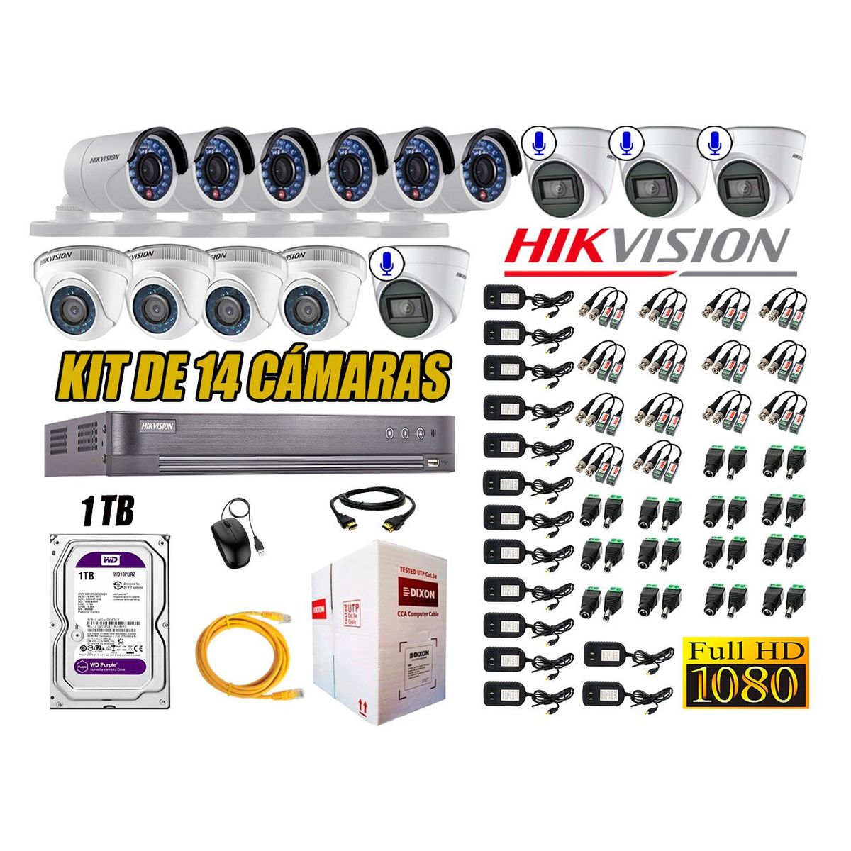HIKVISION - Kit 14 Cámaras de Seguridad Full HD 1080P 1TB | 04 Cámaras con Audio Completo