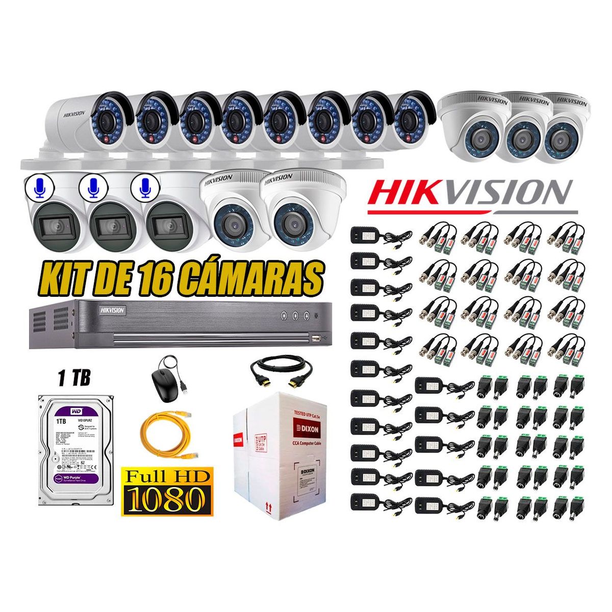 HIKVISION - Kit 16 Cámaras de Seguridad Full HD 1080P 1TB | 03 Cámaras con Audio Completo