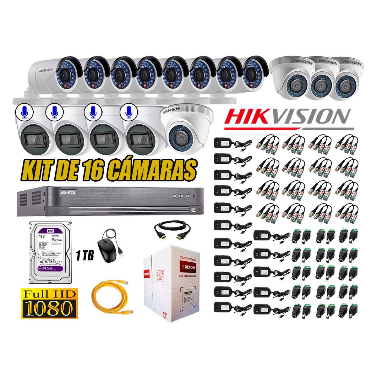 HIKVISION - Kit 16 Cámaras de Seguridad Full HD 1080P 1TB | 04 Cámaras con Audio Completo