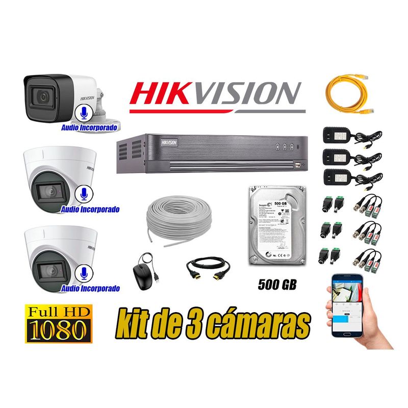 HIKVISION - Kit 3 Cámaras de Seguridad Full HD 1080P | 03 Camaras Con Audio Incorporado P2P