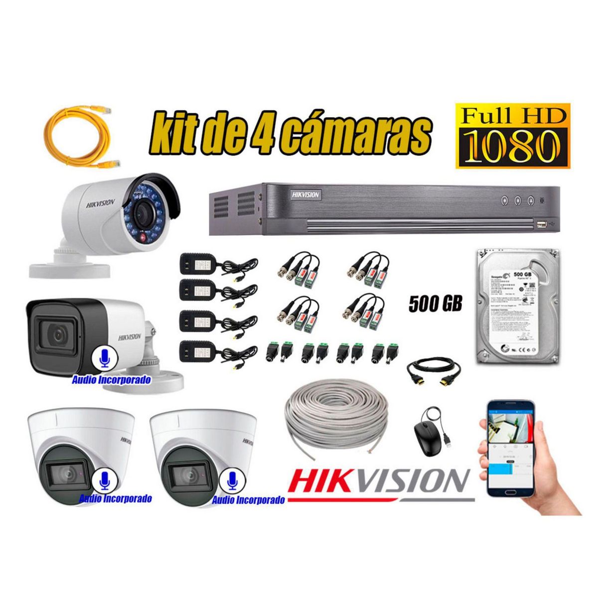 HIKVISION - Kit 4 Cámaras de Seguridad Full HD 1080P | 03 Camaras Con Audio Incorporado KIT04-03S-L-67