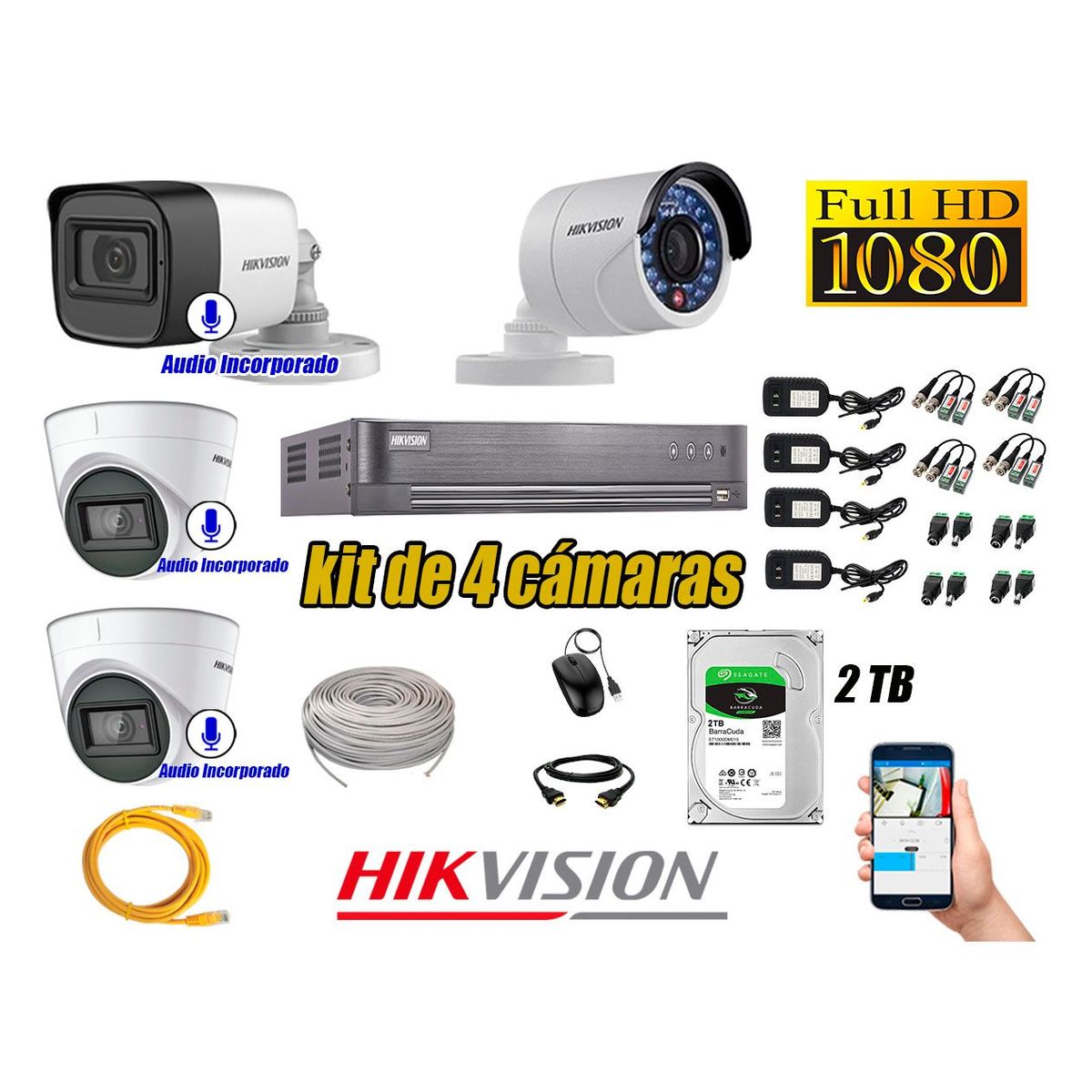 HIKVISION - Kit 4 Cámaras de Seguridad Full HD 1080P | 03 Camaras Con Audio Incorporado P2P