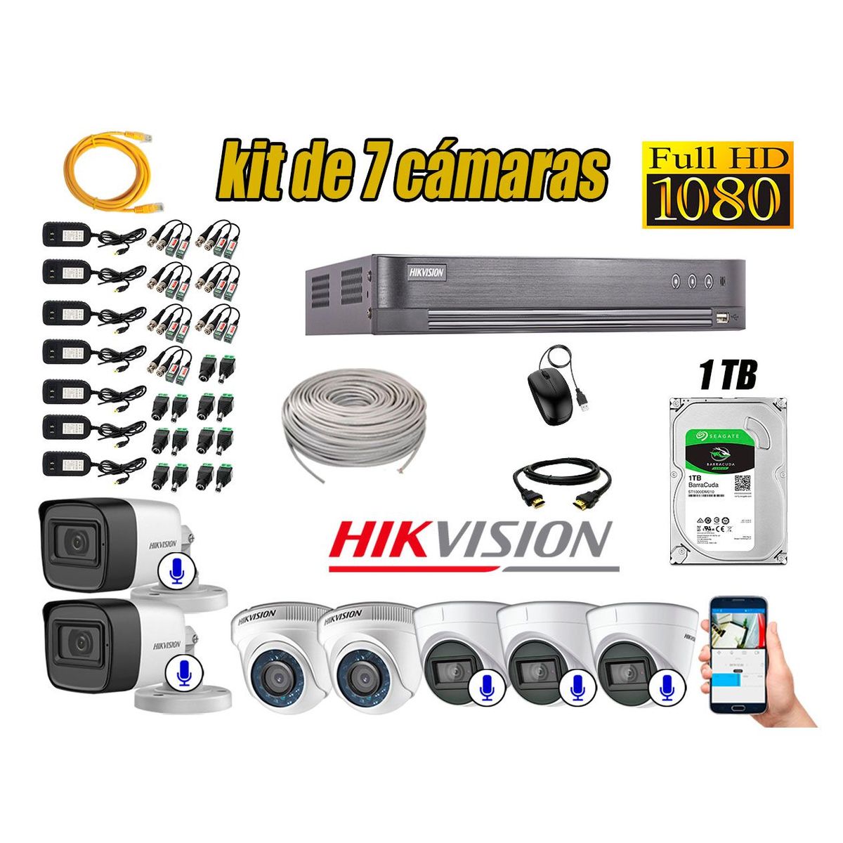 HIKVISION - Kit 7 Cámaras de Seguridad Full HD 1080P | 05 Camaras Con Audio Incorporado