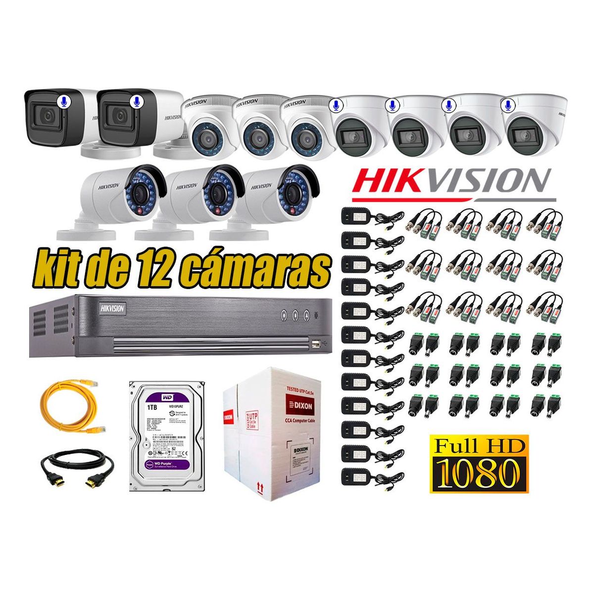 HIKVISION - Kit 12 Cámaras de Seguridad Full HD 1080P | 6 Camaras Con Audio Incorporado
