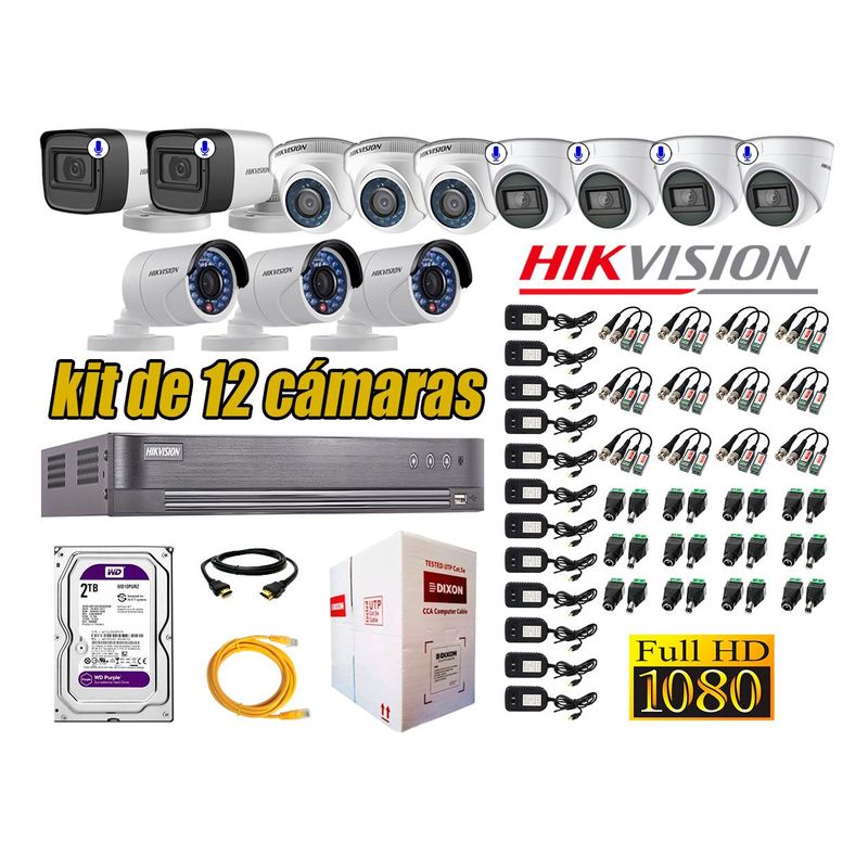 HIKVISION - Kit 12 Cámaras de Seguridad Full HD 1080P | 6 Camaras Con Audio Incorporado P2P