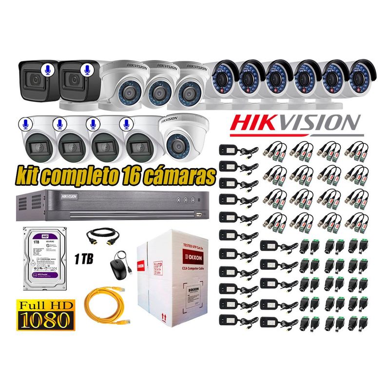 HIKVISION - Kit 16 Cámaras de Seguridad Full HD 1080P | 6 Camaras Con Audio Incorporado