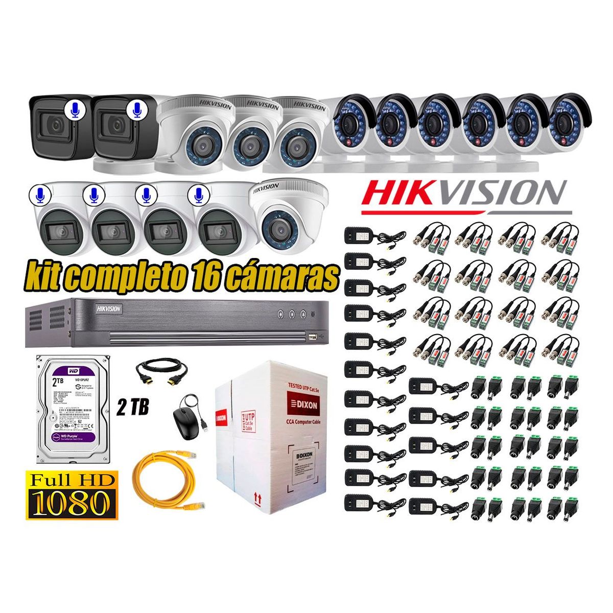 HIKVISION - Kit 16 Cámaras de Seguridad Full HD 1080P | 6 Camaras Con Audio Incorporado P2P