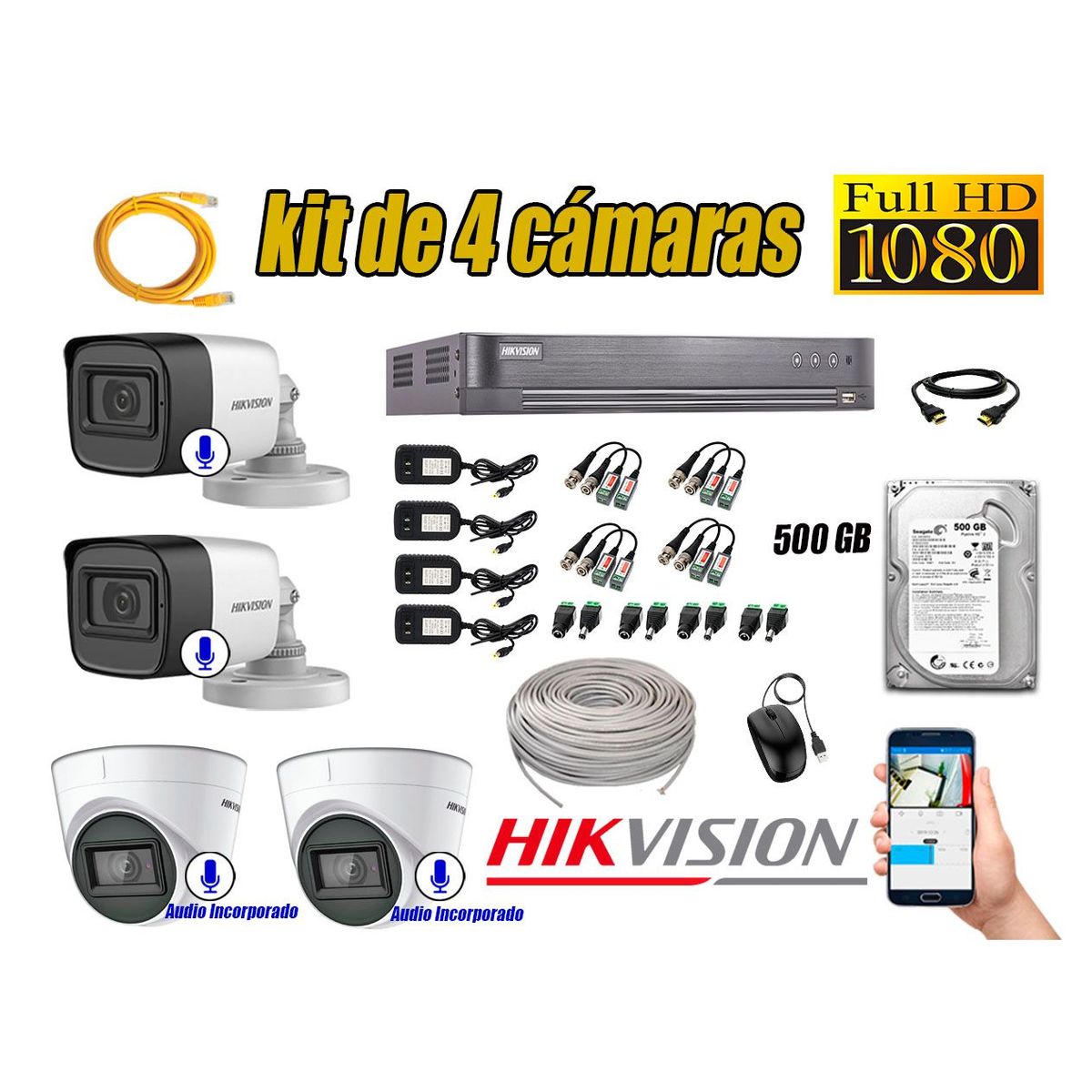HIKVISION - Kit 4 Cámaras de Seguridad Con Audio Incorporado Full HD 1080P