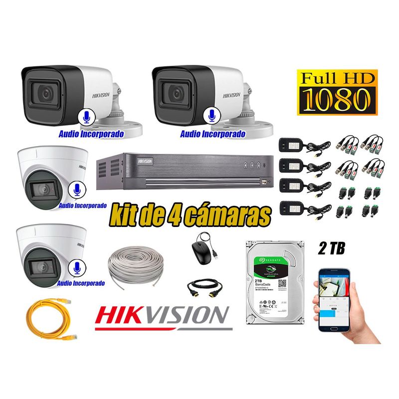 HIKVISION - Kit 4 Cámaras de Seguridad Con Audio Incorporado Full HD 1080P Completo