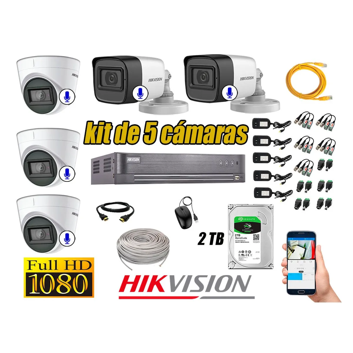 HIKVISION - Kit 5 Cámaras de Seguridad Con Audio Incorporado Full HD 1080P Completo