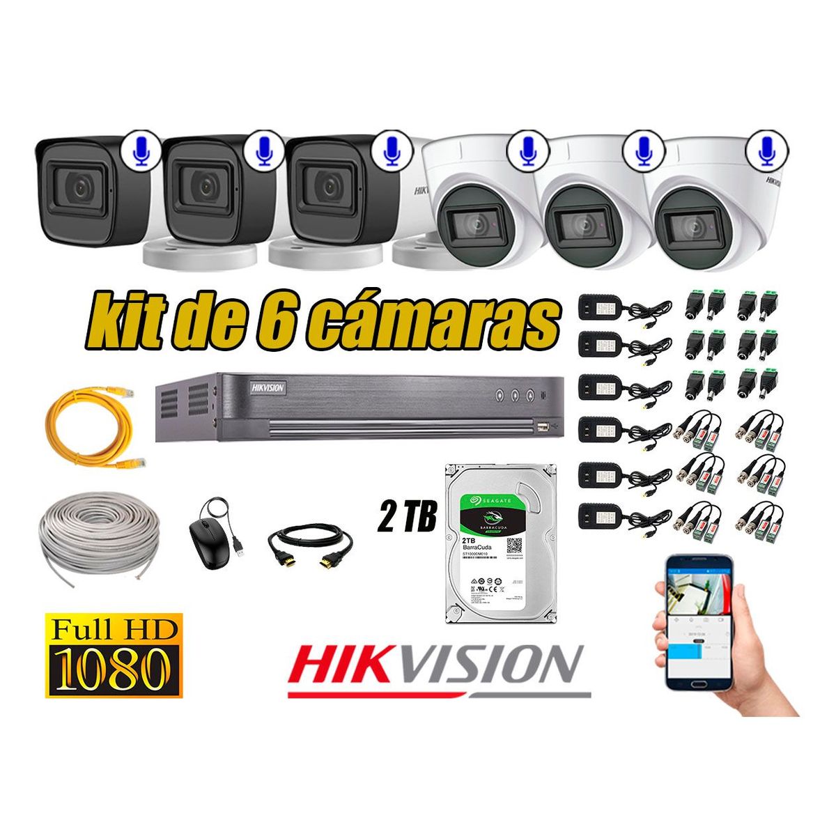 HIKVISION - Kit 6 Cámaras de Seguridad Con Audio Incorporado Full HD 1080P Completo