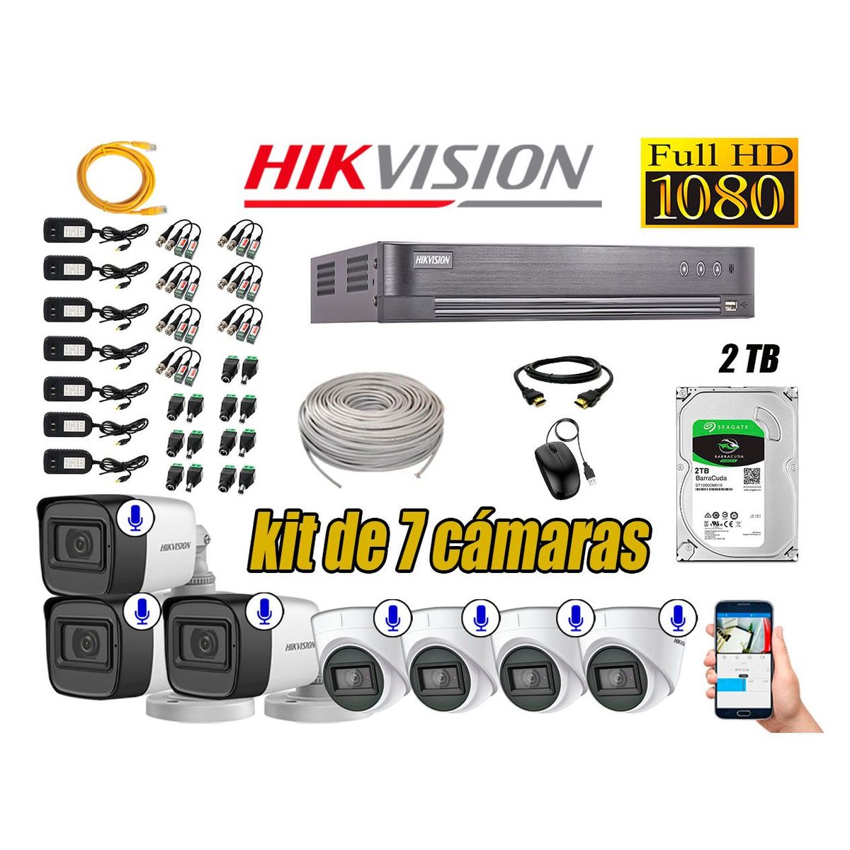 HIKVISION - Kit 7 Cámaras de Seguridad Con Audio Incorporado Full HD 1080P Completo