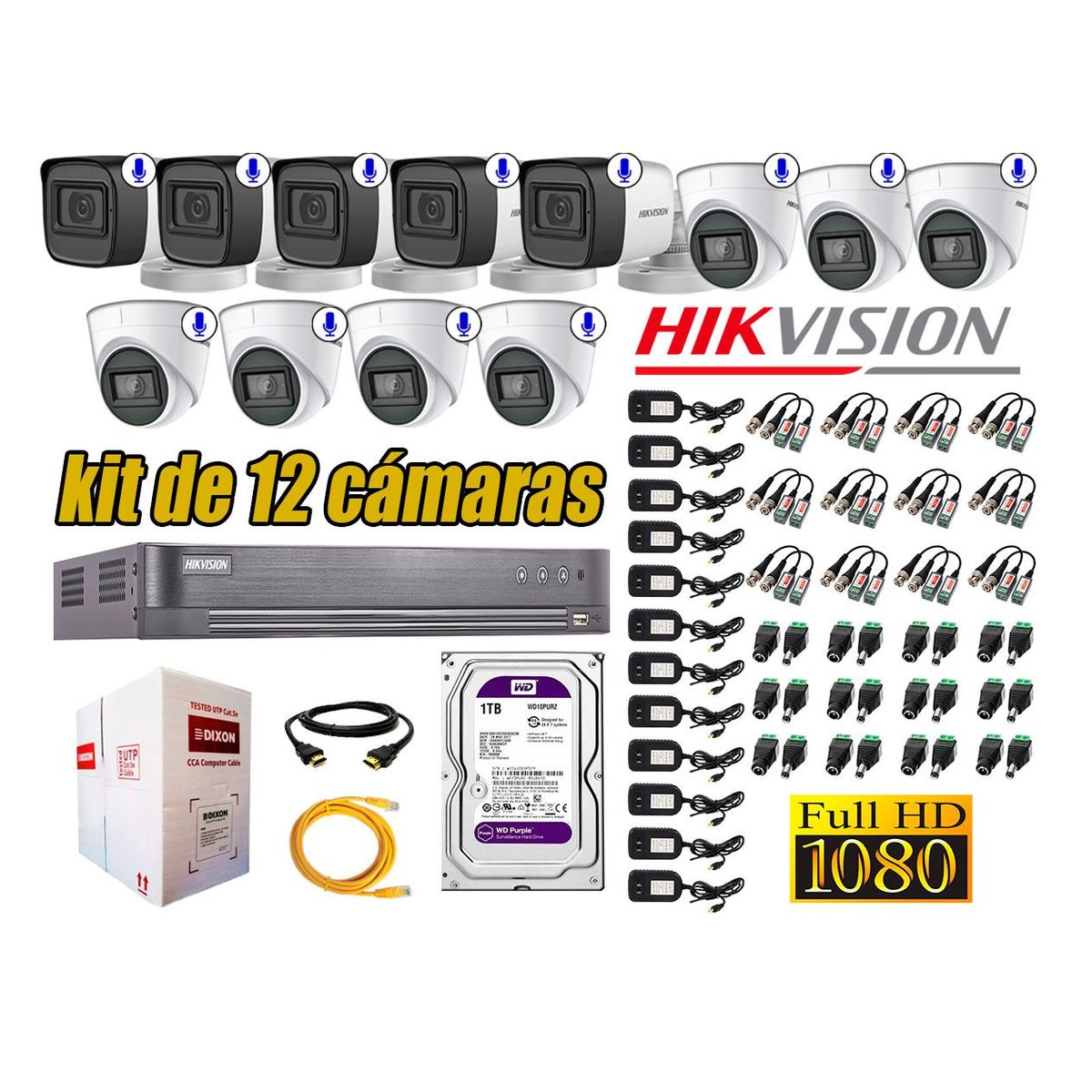 HIKVISION - Kit 12 Cámaras de Seguridad Con Audio Incorporado Full HD 1080P Completo P2P