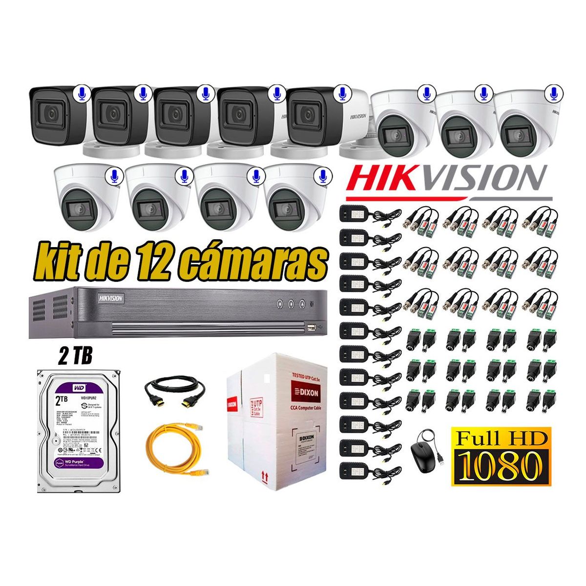 HIKVISION - Kit 12 Cámaras de Seguridad Con Audio Incorporado Full HD 1080P Completo