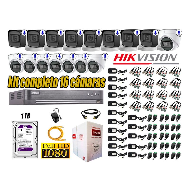 HIKVISION - Kit 16 Cámaras de Seguridad Con Audio Incorporado Full HD 1080P Completo P2P