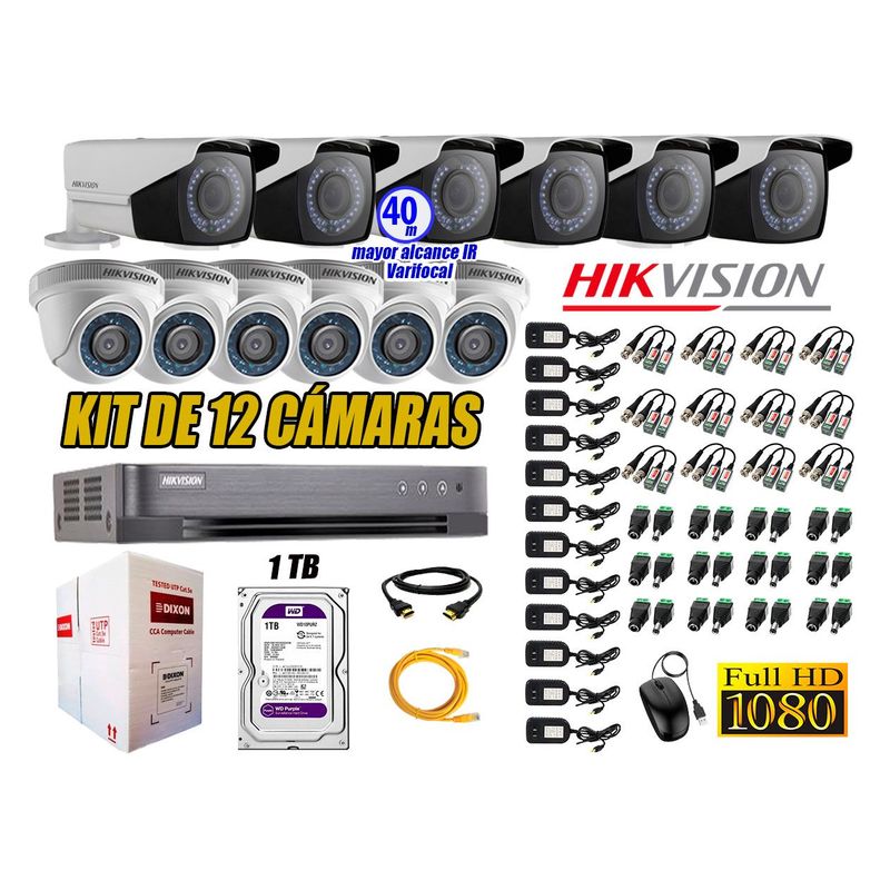 HIKVISION - Cámaras de Seguridad Kit 12 Full HD 1TB WD + Exterior Mayor Alcance Varifocal