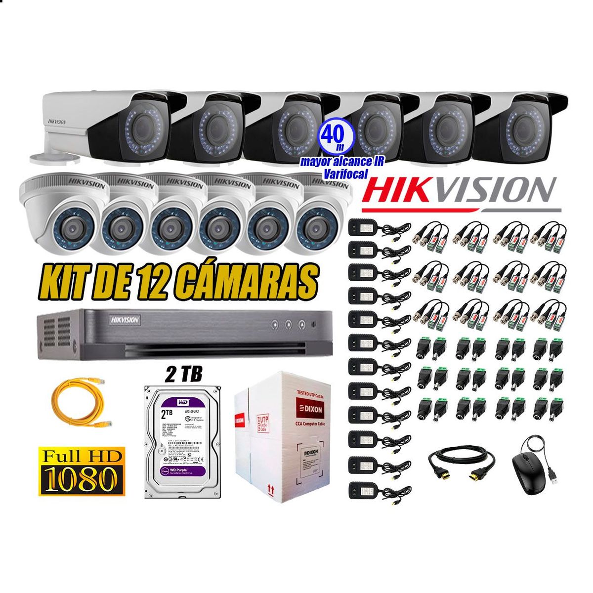 HIKVISION - Cámaras de Seguridad Kit 12 Full HD 2TB + Exterior Mayor Alcance Varifocal P2P