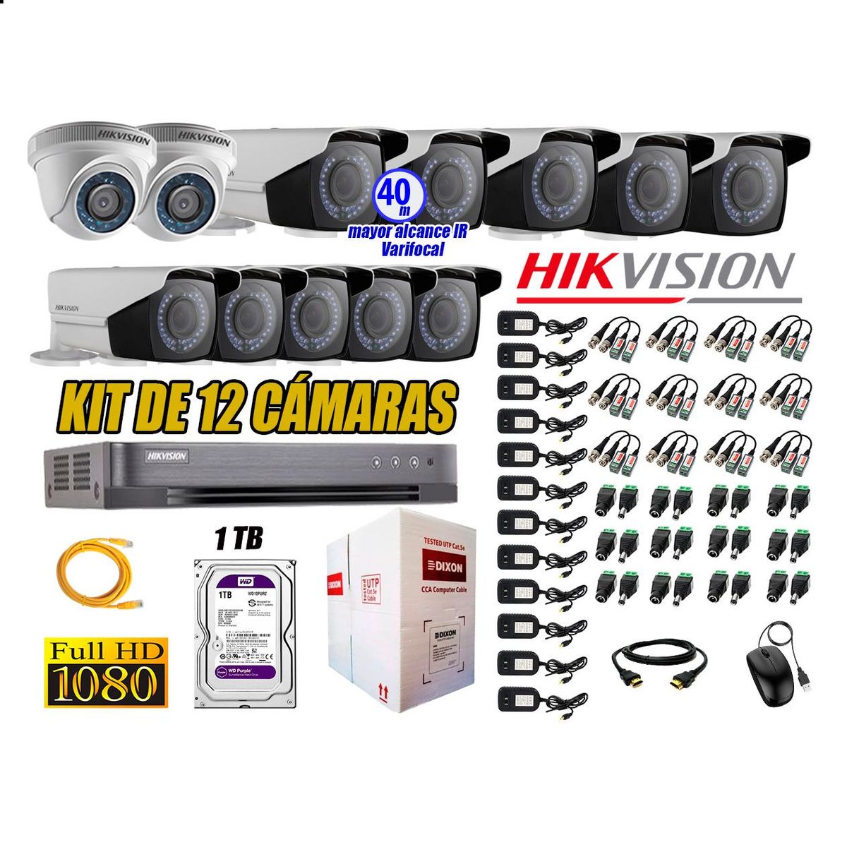 HIKVISION - Cámaras de Seguridad Kit 12 Full HD 1TB + Exterior Mayor Alcance Varifocal