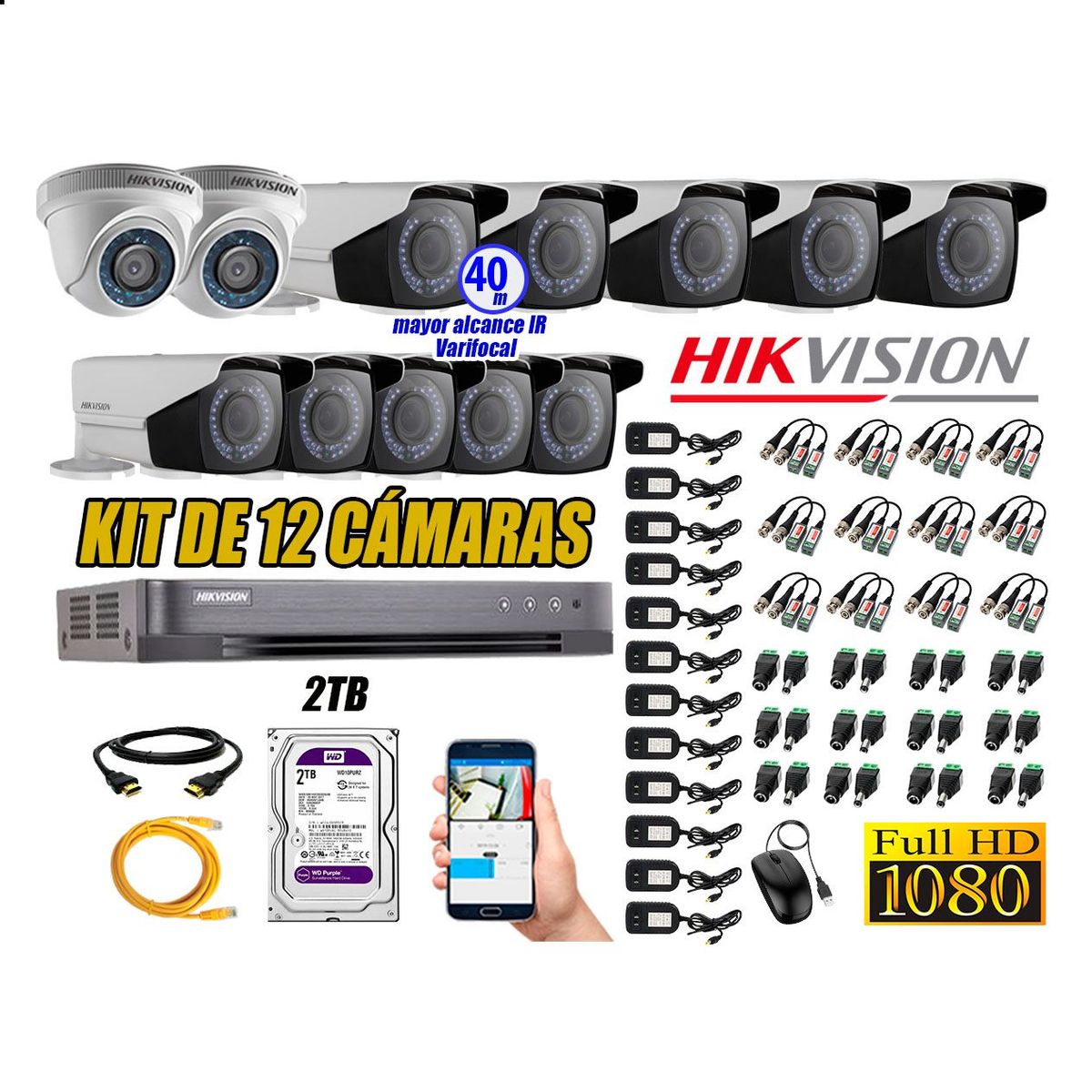 HIKVISION - Cámaras de Seguridad Kit 12 Full HD 2TB + Exterior Mayor Alcance Varifocal40M